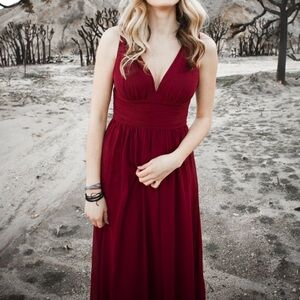 Burgundy V-Neck Chiffon Bridesmaid Dress